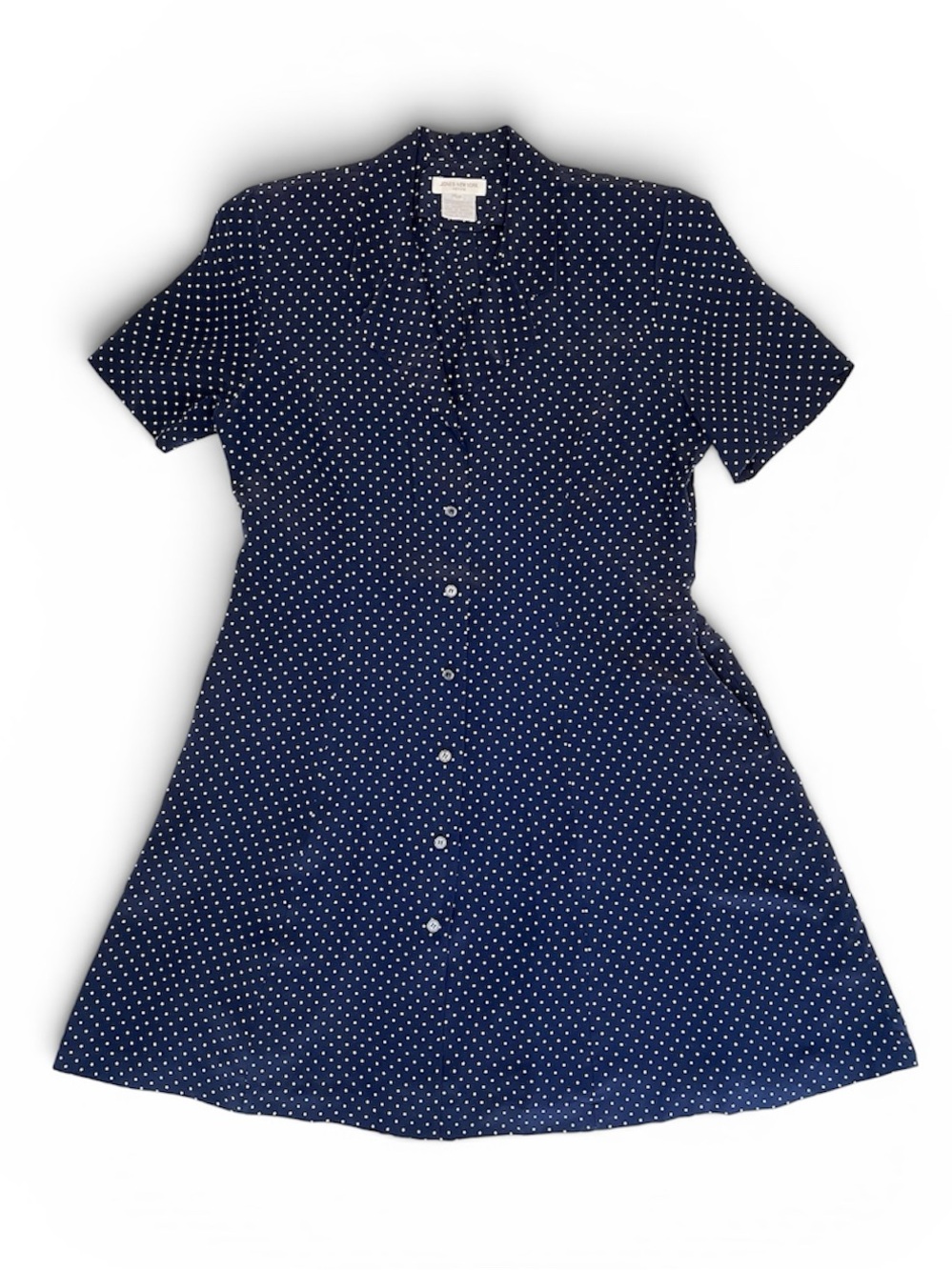 Vintage 100 % Silk Jones New York Navy Polka Dot Button-Front Mini Dress
